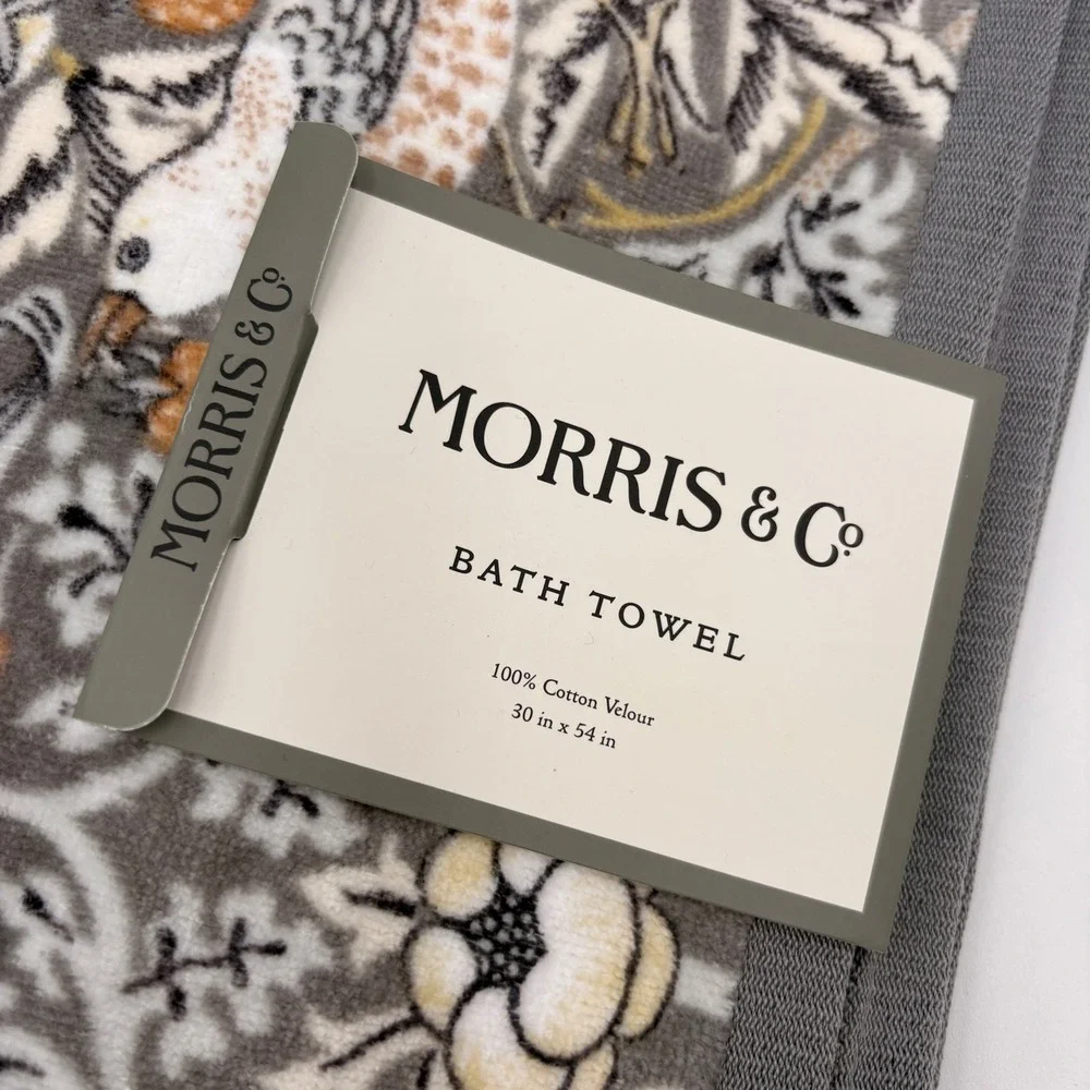 William Morris & Co Set of 2 Strawberry Thief Bath Towels Grey Cotton Velour